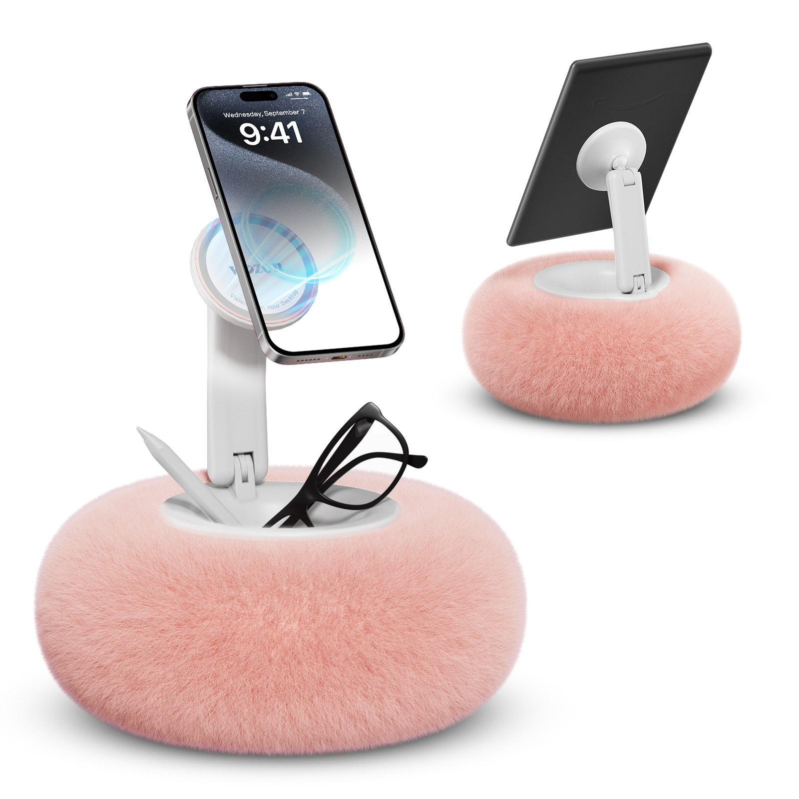 Viozon Phone Holder for Bed, Magnetic Pillow Stand, Compatible with 4-7" devices with Small Storage